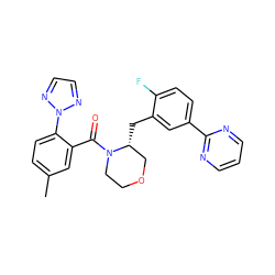 Cc1ccc(-n2nccn2)c(C(=O)N2CCOC[C@H]2Cc2cc(-c3ncccn3)ccc2F)c1 ZINC000222035042