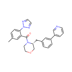 Cc1ccc(-n2nccn2)c(C(=O)N2CCOC[C@H]2Cc2cccc(-c3cccnc3)c2)c1 ZINC000205651123