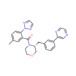 Cc1ccc(-n2nccn2)c(C(=O)N2CCOC[C@H]2Cc2cccc(-c3cnccn3)c2)c1 ZINC000205645832