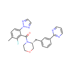 Cc1ccc(-n2nccn2)c(C(=O)N2CCOC[C@H]2Cc2cccc(-c3ncccn3)c2)c1F ZINC000205655520