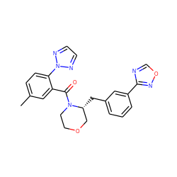 Cc1ccc(-n2nccn2)c(C(=O)N2CCOC[C@H]2Cc2cccc(-c3ncon3)c2)c1 ZINC000205634886