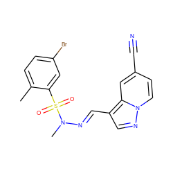 Cc1ccc(Br)cc1S(=O)(=O)N(C)/N=C/c1cnn2ccc(C#N)cc12 ZINC000082150252