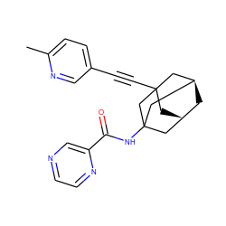 Cc1ccc(C#CC23C[C@@H]4C[C@H](C2)CC(NC(=O)c2cnccn2)(C4)C3)cn1 ZINC000205038160