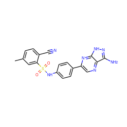 Cc1ccc(C#N)c(S(=O)(=O)Nc2ccc(-c3cnc4c(N)n[nH]c4n3)cc2)c1 ZINC000148915956