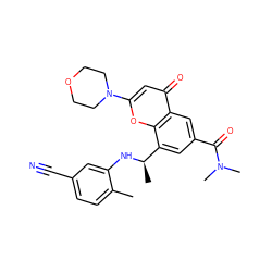 Cc1ccc(C#N)cc1N[C@H](C)c1cc(C(=O)N(C)C)cc2c(=O)cc(N3CCOCC3)oc12 ZINC000116740751