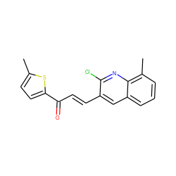 Cc1ccc(C(=O)/C=C/c2cc3cccc(C)c3nc2Cl)s1 ZINC000073224876