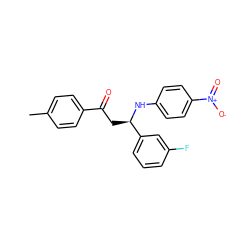 Cc1ccc(C(=O)C[C@@H](Nc2ccc([N+](=O)[O-])cc2)c2cccc(F)c2)cc1 ZINC000049590000