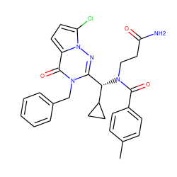 Cc1ccc(C(=O)N(CCC(N)=O)[C@@H](c2nn3c(Cl)ccc3c(=O)n2Cc2ccccc2)C2CC2)cc1 ZINC000036184695