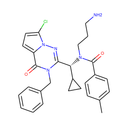 Cc1ccc(C(=O)N(CCCN)[C@@H](c2nn3c(Cl)ccc3c(=O)n2Cc2ccccc2)C2CC2)cc1 ZINC000003819773