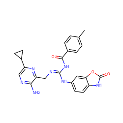 Cc1ccc(C(=O)N/C(=N/Cc2nc(C3CC3)cnc2N)Nc2ccc3[nH]c(=O)oc3c2)cc1 ZINC000473154468