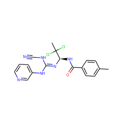 Cc1ccc(C(=O)N[C@@H](/N=C(\NC#N)Nc2cccnc2)C(C)(Cl)Cl)cc1 ZINC000013588840