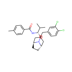 Cc1ccc(C(=O)N[C@@H](CN2[C@H]3CC[C@H]2CC(Cc2ccc(Cl)c(Cl)c2)C3)C(C)C)cc1 ZINC000253638784