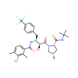 Cc1ccc(C(=O)N[C@@H](Cc2ccc(C(F)(F)F)cc2)[C@H](O)C(=O)N2C[C@@H](Cl)C[C@H]2C(=O)NC(C)(C)C)c(C)c1O ZINC000014944411