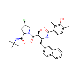 Cc1ccc(C(=O)N[C@@H](Cc2ccc3ccccc3c2)[C@H](O)C(=O)N2C[C@@H](Cl)C[C@H]2C(=O)NC(C)(C)C)c(C)c1O ZINC000014944436