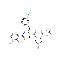 Cc1ccc(C(=O)N[C@@H](Cc2cccc(C(F)(F)F)c2)[C@H](O)C(=O)N2C[C@@H](Cl)C[C@H]2C(=O)NC(C)(C)C)c(C)c1O ZINC000014944401