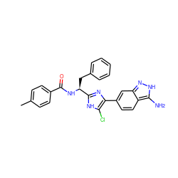 Cc1ccc(C(=O)N[C@@H](Cc2ccccc2)c2nc(-c3ccc4c(N)[nH]nc4c3)c(Cl)[nH]2)cc1 ZINC000059110274