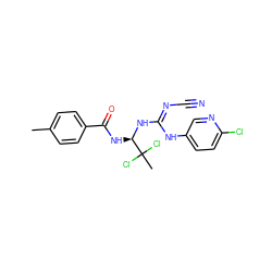 Cc1ccc(C(=O)N[C@@H](N/C(=N/C#N)Nc2ccc(Cl)nc2)C(C)(Cl)Cl)cc1 ZINC000028866402