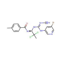 Cc1ccc(C(=O)N[C@@H](N/C(=N/C#N)Nc2cncc(Br)c2)C(C)(Cl)Cl)cc1 ZINC000028866547