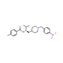 Cc1ccc(C(=O)N[C@H](CC2CCN(Cc3ccc([N+](=O)[O-])cc3)CC2)C(C)C)cc1 ZINC000013553773