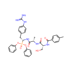Cc1ccc(C(=O)N[C@H](CO)C(=O)N[C@@H](C)C(=O)N[C@@H](Cc2ccc(NC(=N)N)cc2)P(=O)(Oc2ccccc2)Oc2ccccc2)cc1 ZINC000034717940