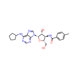 Cc1ccc(C(=O)N[C@H]2[C@H](CO)O[C@H](n3cnc4c(NC5CCCC5)ncnc43)[C@@H]2O)cc1 ZINC000036273285