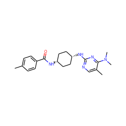 Cc1ccc(C(=O)N[C@H]2CC[C@@H](Nc3ncc(C)c(N(C)C)n3)CC2)cc1 ZINC000253683387