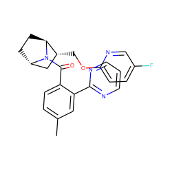 Cc1ccc(C(=O)N2[C@H]3CC[C@H]2[C@H](COc2ccc(F)cn2)C3)c(-c2ncccn2)c1 ZINC000226057872