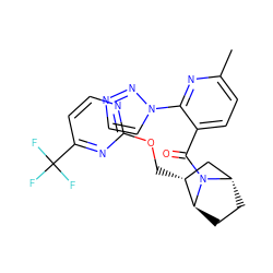 Cc1ccc(C(=O)N2[C@H]3CC[C@H]2[C@H](COc2nccc(C(F)(F)F)n2)C3)c(-n2ccnn2)n1 ZINC000226087758