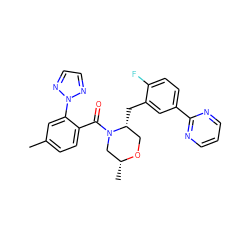 Cc1ccc(C(=O)N2C[C@@H](C)OC[C@H]2Cc2cc(-c3ncccn3)ccc2F)c(-n2nccn2)c1 ZINC001772602149