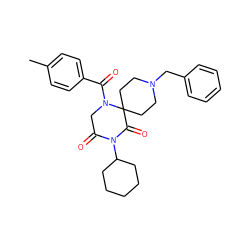 Cc1ccc(C(=O)N2CC(=O)N(C3CCCCC3)C(=O)C23CCN(Cc2ccccc2)CC3)cc1 ZINC000653886893