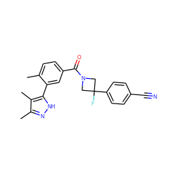 Cc1ccc(C(=O)N2CC(F)(c3ccc(C#N)cc3)C2)cc1-c1[nH]nc(C)c1C ZINC000142917243