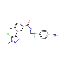 Cc1ccc(C(=O)N2CC(F)(c3ccc(C#N)cc3)C2)cc1-c1[nH]nc(C)c1Cl ZINC000142759293