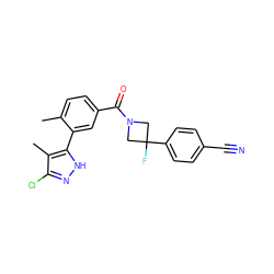 Cc1ccc(C(=O)N2CC(F)(c3ccc(C#N)cc3)C2)cc1-c1[nH]nc(Cl)c1C ZINC000142742723