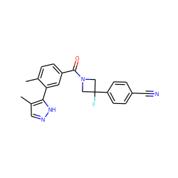 Cc1ccc(C(=O)N2CC(F)(c3ccc(C#N)cc3)C2)cc1-c1[nH]ncc1C ZINC000218928697