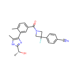 Cc1ccc(C(=O)N2CC(F)(c3ccc(C#N)cc3)C2)cc1-c1nc([C@@H](C)O)[nH]c1C ZINC000219003370