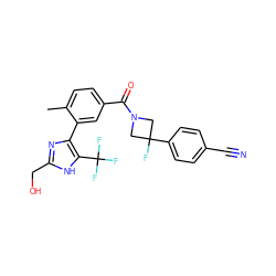 Cc1ccc(C(=O)N2CC(F)(c3ccc(C#N)cc3)C2)cc1-c1nc(CO)[nH]c1C(F)(F)F ZINC000220790555