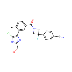 Cc1ccc(C(=O)N2CC(F)(c3ccc(C#N)cc3)C2)cc1-c1nc(CO)[nH]c1Cl ZINC000219055551