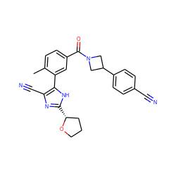 Cc1ccc(C(=O)N2CC(c3ccc(C#N)cc3)C2)cc1-c1[nH]c([C@@H]2CCCO2)nc1C#N ZINC000219054091