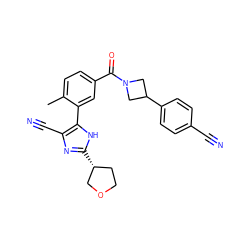 Cc1ccc(C(=O)N2CC(c3ccc(C#N)cc3)C2)cc1-c1[nH]c([C@@H]2CCOC2)nc1C#N ZINC000219039762