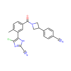 Cc1ccc(C(=O)N2CC(c3ccc(C#N)cc3)C2)cc1-c1[nH]c(C#N)nc1Cl ZINC000142778203