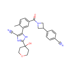 Cc1ccc(C(=O)N2CC(c3ccc(C#N)cc3)C2)cc1-c1[nH]c(C2(O)CCOCC2)nc1C#N ZINC000219057052