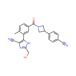 Cc1ccc(C(=O)N2CC(c3ccc(C#N)cc3)C2)cc1-c1[nH]c(CO)nc1C#N ZINC000220784122