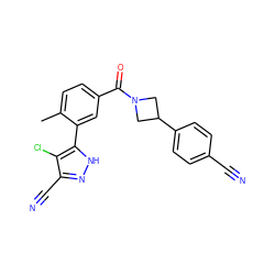 Cc1ccc(C(=O)N2CC(c3ccc(C#N)cc3)C2)cc1-c1[nH]nc(C#N)c1Cl ZINC000142805837