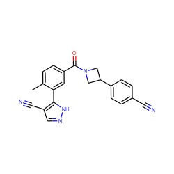 Cc1ccc(C(=O)N2CC(c3ccc(C#N)cc3)C2)cc1-c1[nH]ncc1C#N ZINC000219073581