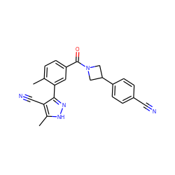 Cc1ccc(C(=O)N2CC(c3ccc(C#N)cc3)C2)cc1-c1n[nH]c(C)c1C#N ZINC000218977886