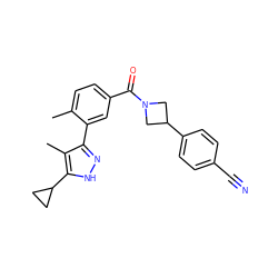 Cc1ccc(C(=O)N2CC(c3ccc(C#N)cc3)C2)cc1-c1n[nH]c(C2CC2)c1C ZINC000219033567