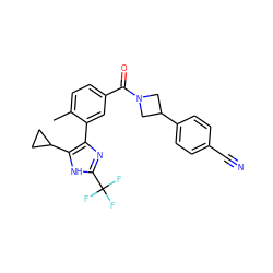 Cc1ccc(C(=O)N2CC(c3ccc(C#N)cc3)C2)cc1-c1nc(C(F)(F)F)[nH]c1C1CC1 ZINC000220791638