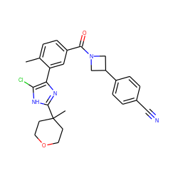 Cc1ccc(C(=O)N2CC(c3ccc(C#N)cc3)C2)cc1-c1nc(C2(C)CCOCC2)[nH]c1Cl ZINC000220788273