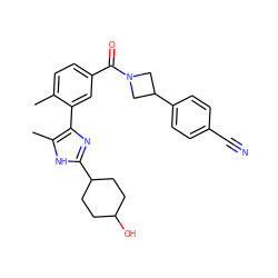 Cc1ccc(C(=O)N2CC(c3ccc(C#N)cc3)C2)cc1-c1nc(C2CCC(O)CC2)[nH]c1C ZINC000220786409