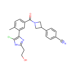 Cc1ccc(C(=O)N2CC(c3ccc(C#N)cc3)C2)cc1-c1nc(CCO)[nH]c1Cl ZINC000206748082